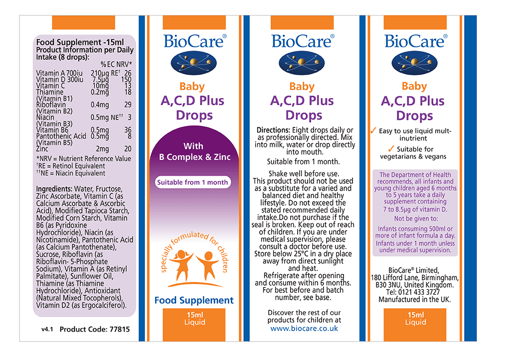 Nhãn sản phẩm Biocare Baby 15ml bổ sung Vitamin A, C, D Plus Drop