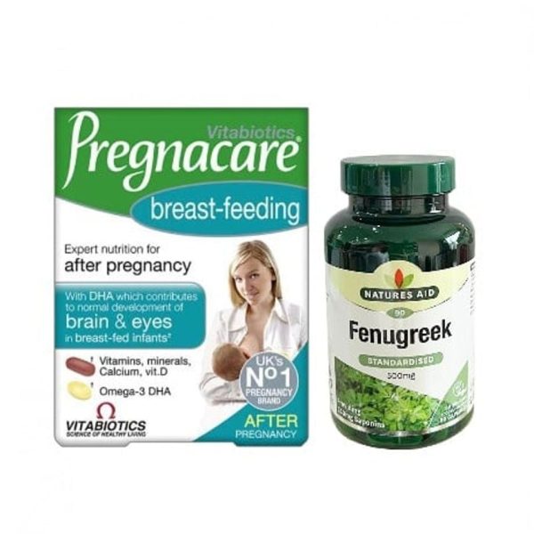 Combo cho phụ nữ sau sinh Pregnacare và Fenugreek Natures Aid 500mg