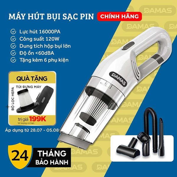 Mua Máy Hút Bụi Cầm Tay Không Dây Sử Dụng Pin Sạc DAMAS DA113C - Hút bụi khô và nước tiện dụng - Sử dụng cho gia đình và xe hơi - Công suất mạnh mẽ lên tới 120W - Hàng Chính...