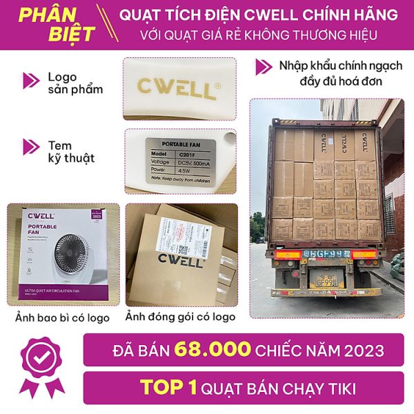 Mua Quạt mini để bàn, quạt tích điện, quạt cầm tay chính hãng CWELL, động cơ không tiếng ồn, xoay 210 độ, pin khủng, bản mới - Bản USB tại CWELL Official Store