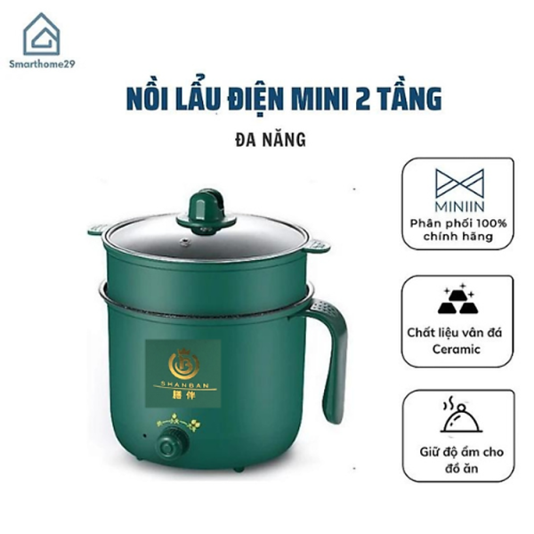 Mua Nồi Lẩu Điện Mini Núm Xoay 2 Nấc Nhiệt Kèm Giá Hấp 1,8L, Ca Nấu Mì,Nấu Cơm Đa Năng 2 Tầng Cao Cấp- Chính Hãng MINIIN - Xanh lá đậm tại Smarthome29